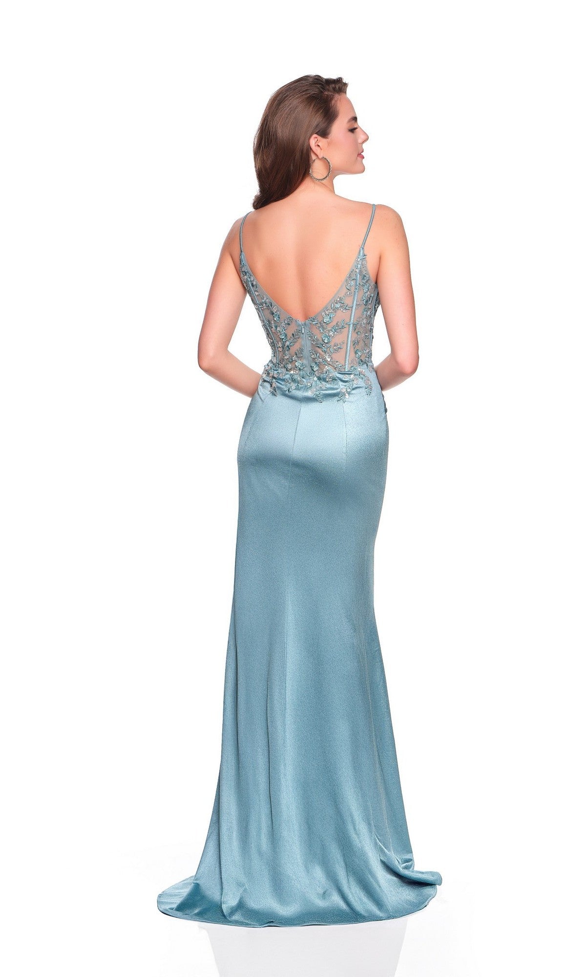 Woman wearing the Dave and Johnny 12426 Long Prom Dress—light blue, sleeveless, with an embellished corset bodice and satin sheath skirt—stands facing away from the camera.